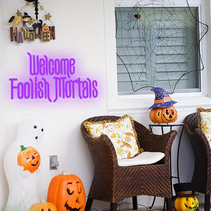 Welcome Foolish Mortals Neon Sign, Halloween Neon Light Spooky Gothic Haunted Mansion LED Coffin Decor USB Powered, for Horror Movie Party Haunted House Man Cave Home Room Themed Bars(16.1 * 9.4 In)