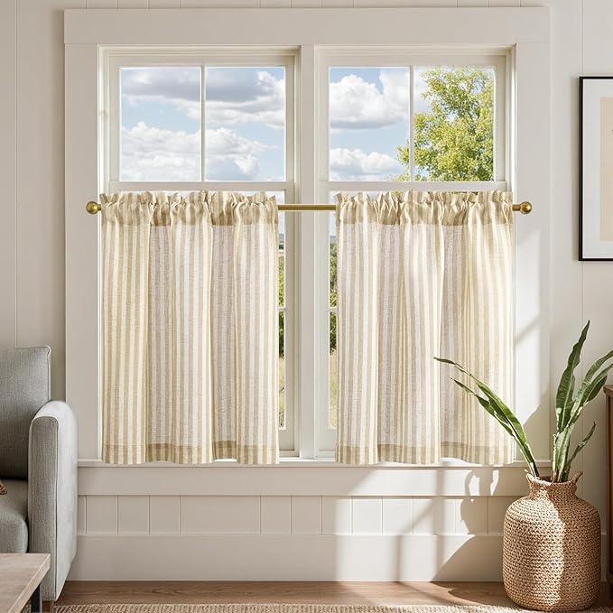jinchan Striped Linen Kitchen Curtains 24 Inches Length Tier Curtains Farmhouse by JINCHAN