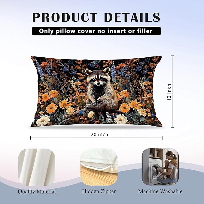Moody Floral Raccoon Pillow Covers 12x20, Gifts - Image 6