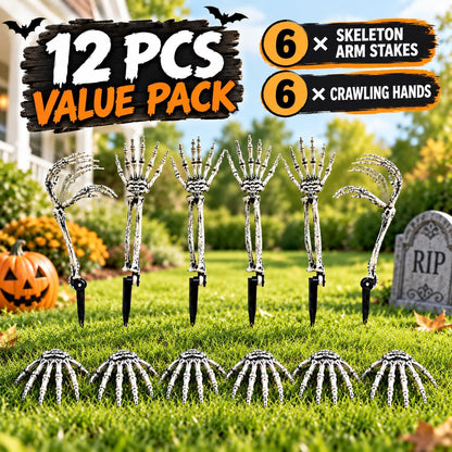 12 Pack Halloween Decorations Outdoor Skeleton Hands and Arms Yard Stakes, Realistic Graveyard Decor with Adjustable Joints, Spooky Cemetery Crawling Zombie Hands for Lawn Garden (6 Arms, 6 Hands)