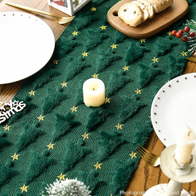 Artoid Mode Christmas Trees Stars Green Soft Plush Faux Fur Jacquard Christmas - Image 4