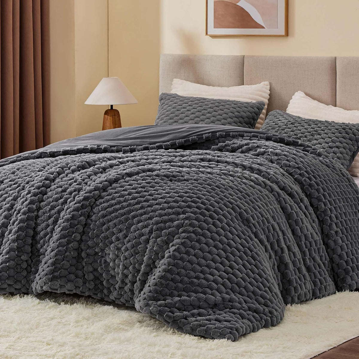 bedelite fluffy queen comforter set, dark grey fleece, main product view