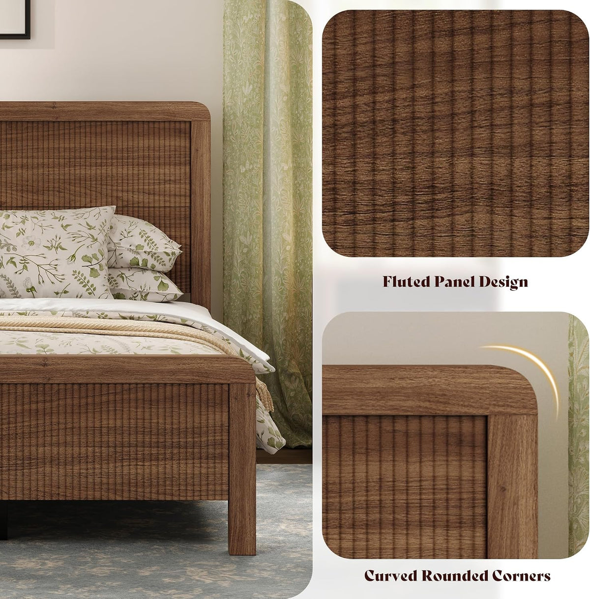 amerlife wood king size bed frame with fluted, close-up detail