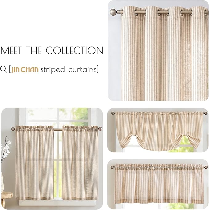jinchan Tab Top Linen Kitchen Curtains 36 Inches Striped Tier Curtains - Image 6