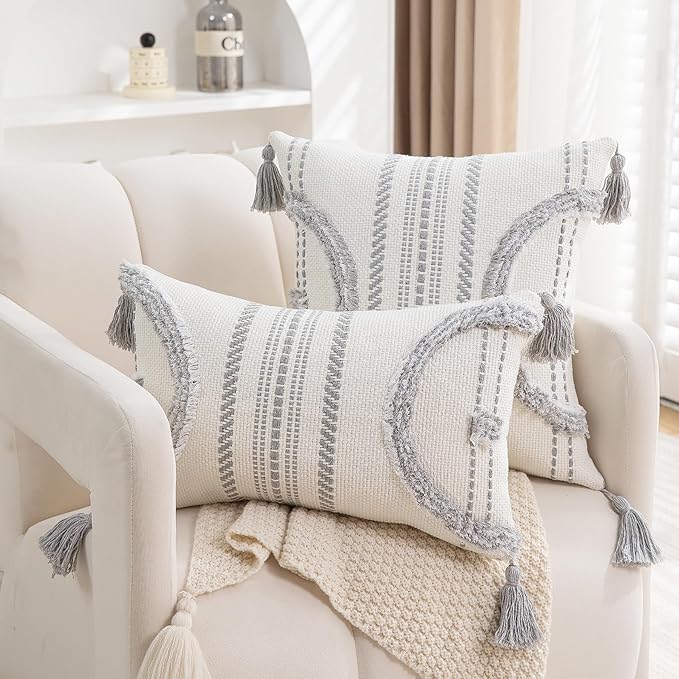 Boho Throw Pillow Covers 18x18 Set of 2 Cotton Woven Tufted Farmhouse Pillows - Image 3
