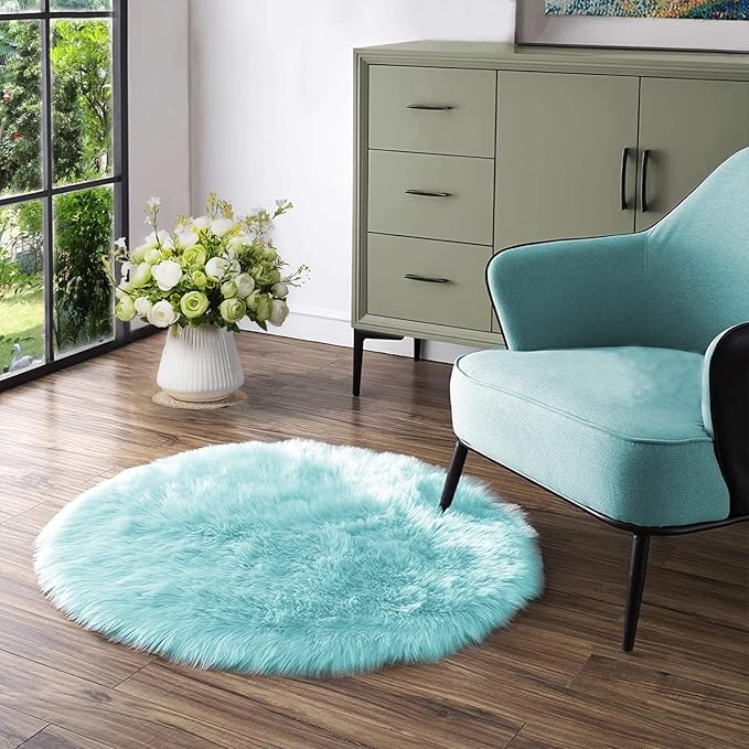 Latepis Blue Fur Circle Round Rugs 4ft Faux Sheepskin Rug Washable Fluffy by Latepis