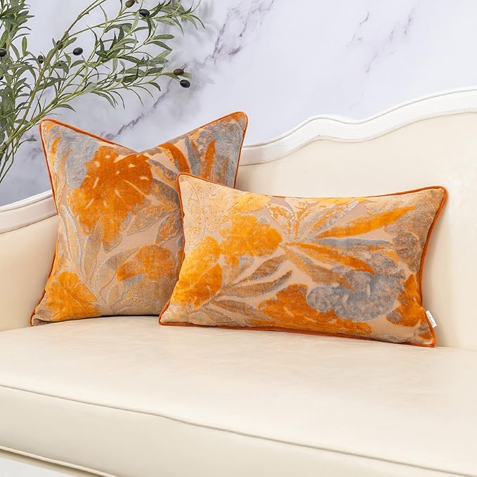 Yangest Orange Leaf Square Pillow Cover Cut Velvet Cushion Cover Luxury Modern - Image 5