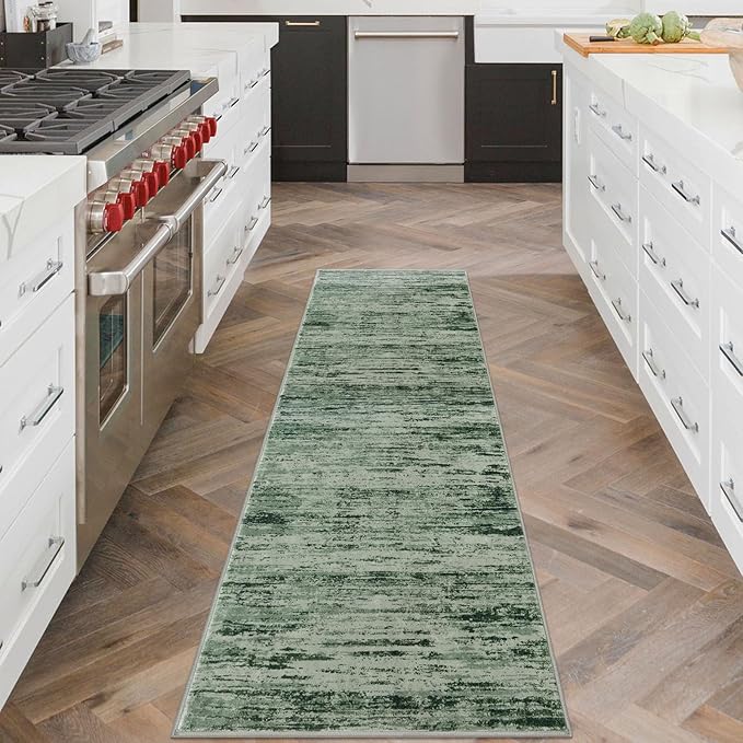Modern Abstract Runner Rug 2x6, Forest Green Washable Kitchen Runner Non-Slip - Image 2