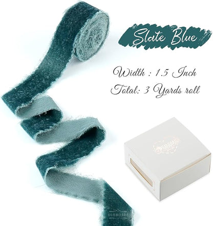 Steel Blue Silk Velvet Ribbon 1.5 Inch Blue Frayed Edge Ribbon Rustic Style - Image 2