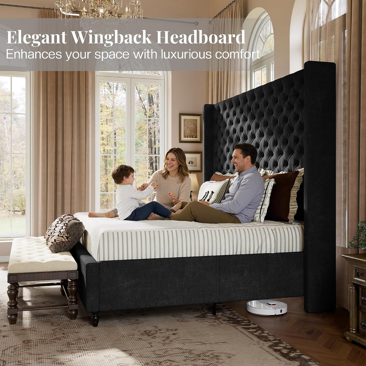 jocisland queen bed frame with 63" tall wingback, side view