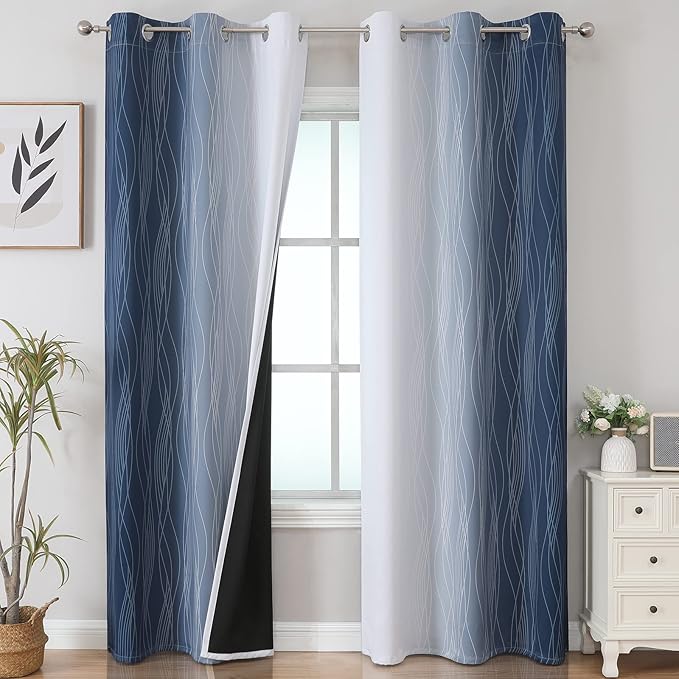 Estelar Textiler Navy Blue and Greyish White Blackout Curtains 84 Inches Long by ESTELARTEXTILER