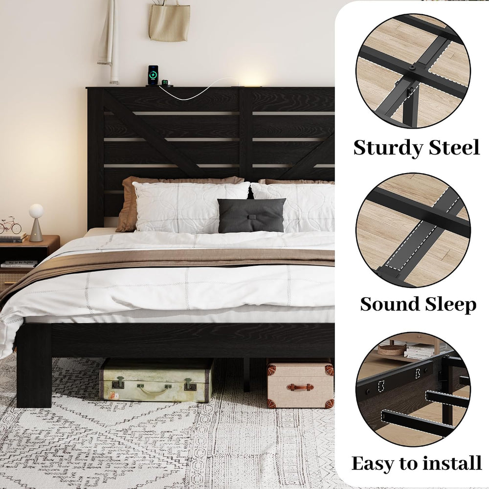 King Farmhouse Bed Frame with Headboard, LED Lights, USB Charging