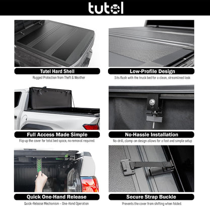 tutel low profile hard shell flip-up truck bed showing dimensions