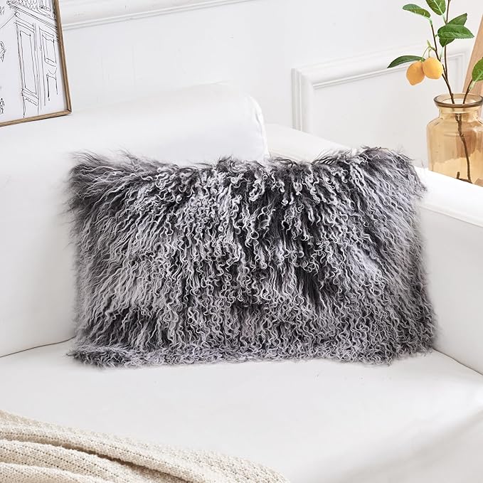 Genuine Mongolian Lamb Fur Pillow Cover – 12"x20" Rectangular Cushion Case – - Image 2