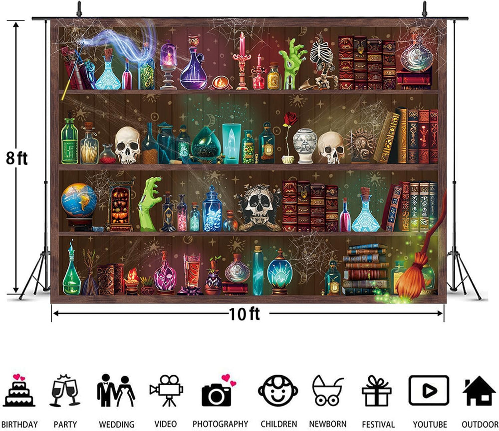 Halloween Magic Potion Shelf Backdrop Bookshelf Spooky Witch Skulls Backgroun...