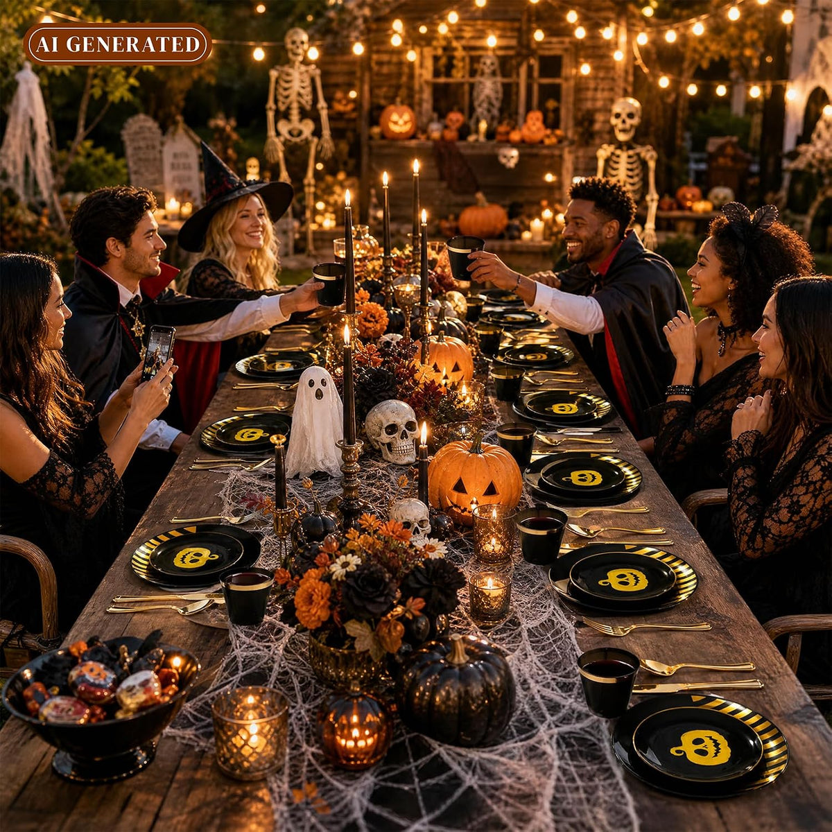 KIRE 25 Guest Halloween Plates Black Gold Plastic Plates Smiley Pumpkin include 50PCS Black &150PCS Gold Plastic Silverware&25PCS Clear Black Cups for Halloween Party