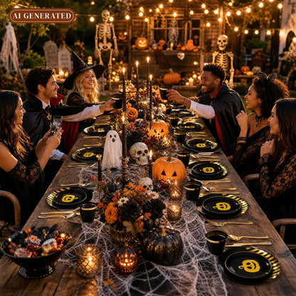 KIRE 25 Guest Halloween Plates Black Gold Plastic Plates Smiley Pumpkin include 50PCS Black &150PCS Gold Plastic Silverware&25PCS Clear Black Cups for Halloween Party