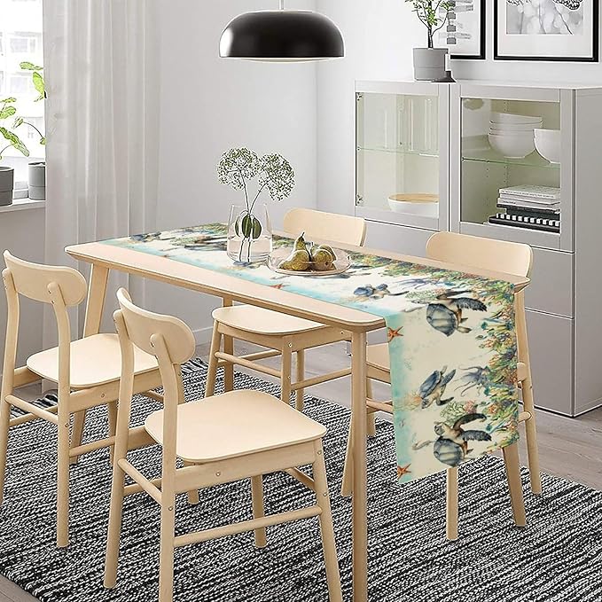 Ocean Animals Sea Turtle Table Runner Underwater Life Octopus Starfish Seaweed - Image 3