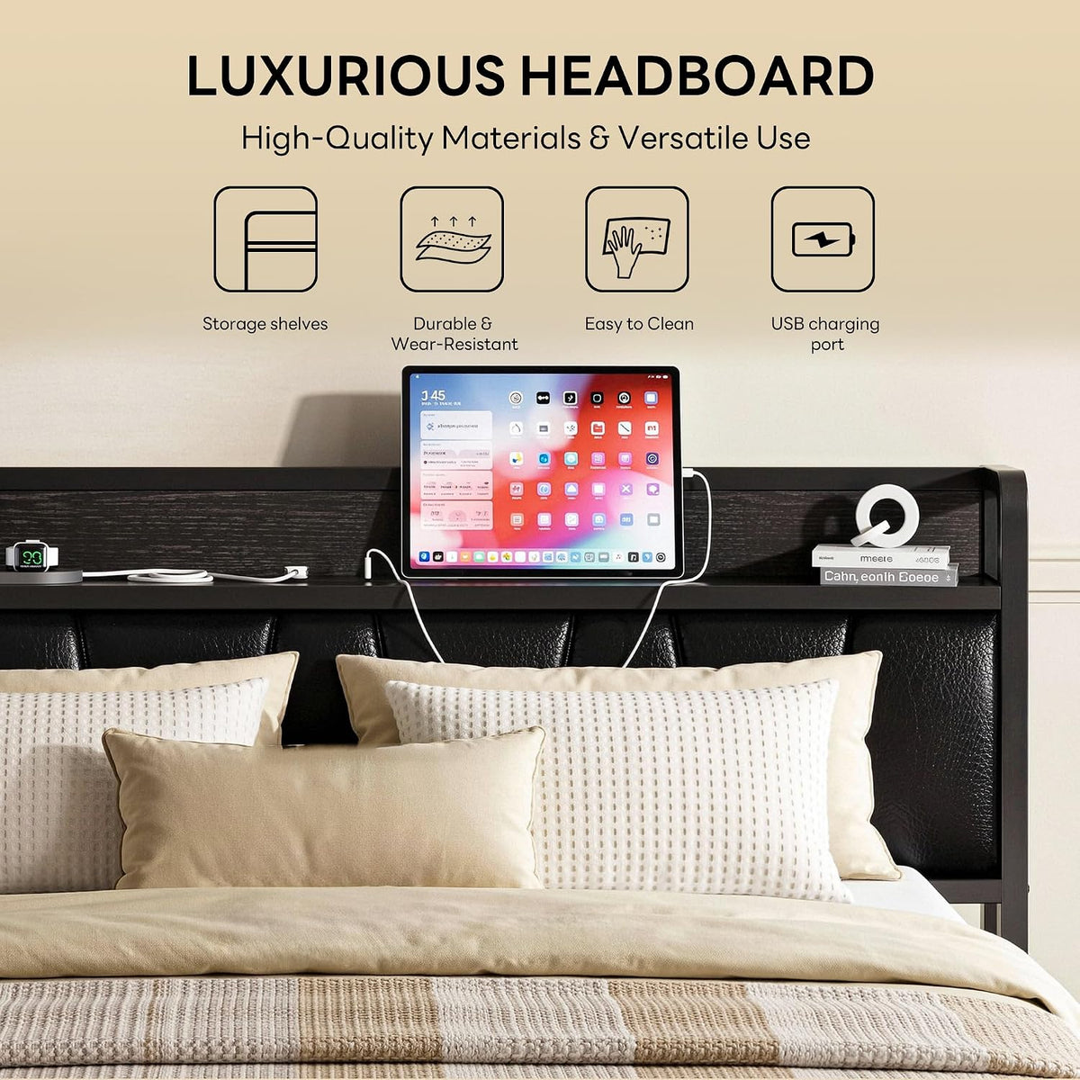 likimio full bed frame with storage headboard and, close-up detail