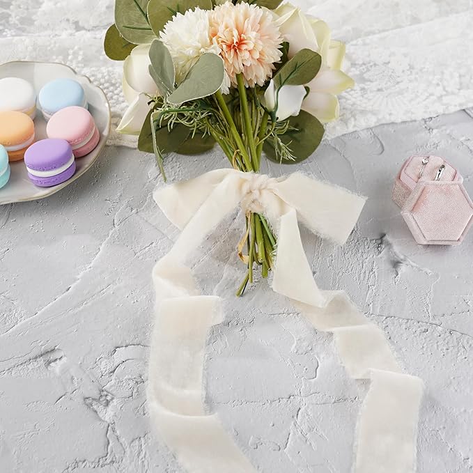 Ivory Velvet Ribbon 1.5 Inch Iovry Frayed Silk Velvet - Image 3