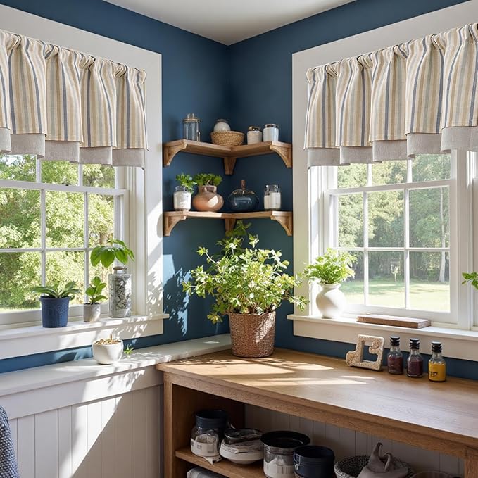jinchan Colorful Striped Linen Double Layer Valance Pinstripe Rustic Cafe - Image 6