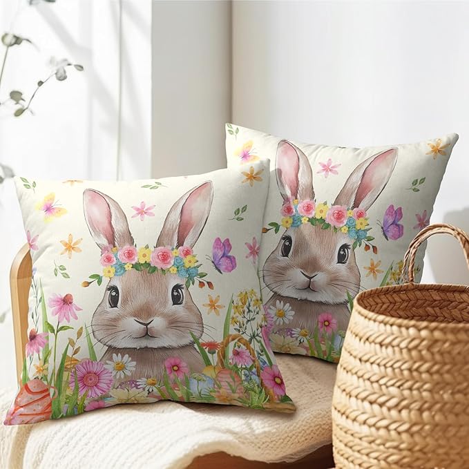 Easter Rabbit Throw Pillow Covers 22x22 Inch Set of 2 Cute Bunny Cotton Linen - Image 5