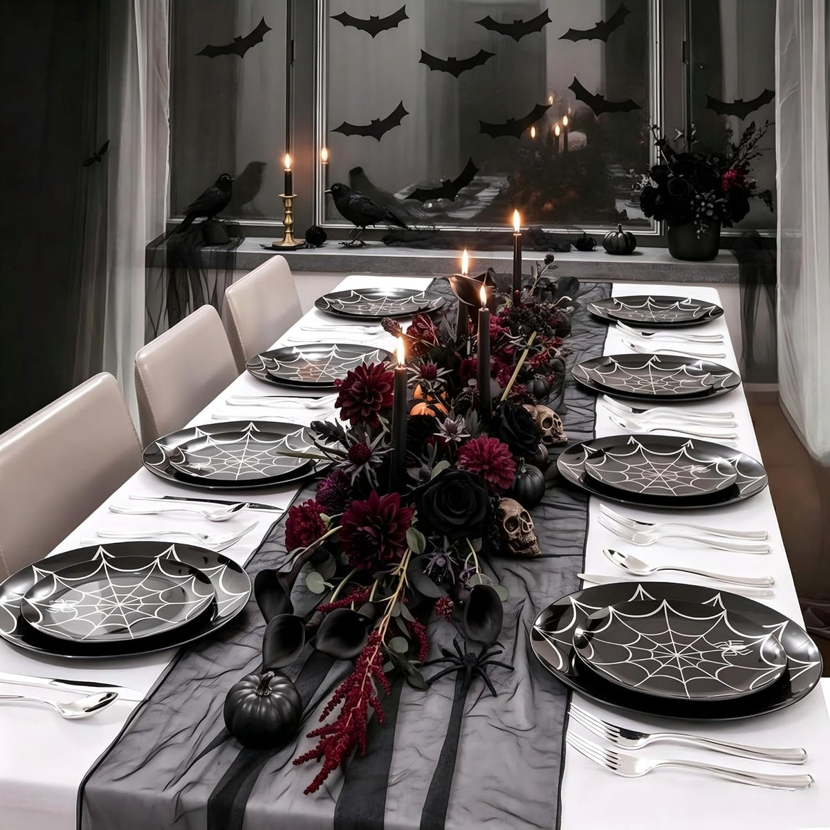 NOCCUR 60PCS Halloween Plastic Plates - 30 Black Dinner/Dessert Plates - Ideal for Halloween Party