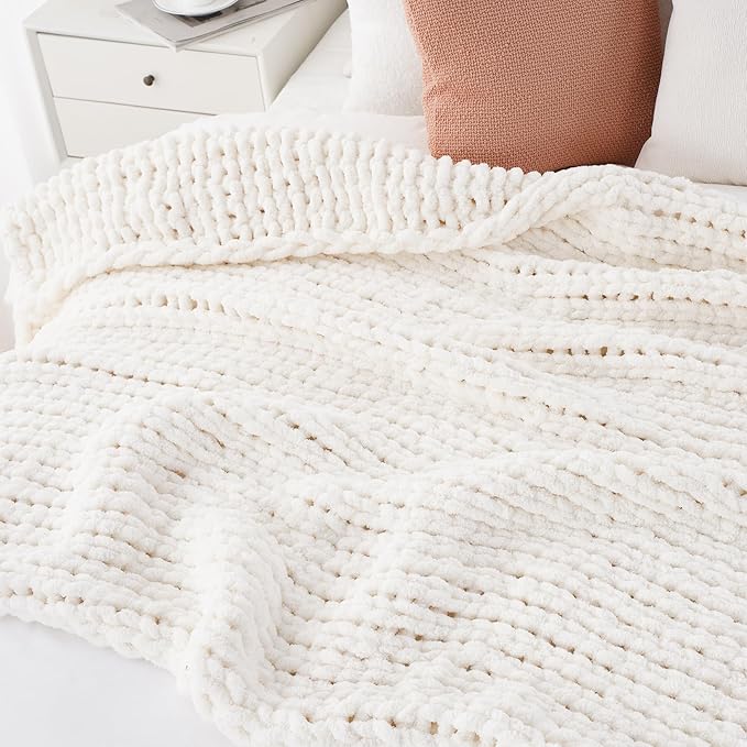 Battilo Cream Chunky Knit Throw Blanket, Soft and Thick White Chenille Throw - Image 5