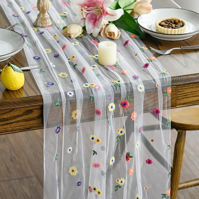 Artoid Mode Embroidery Daisy Spring Gauze Table Runner 59x120 Inch 10FT by ArtoidMode