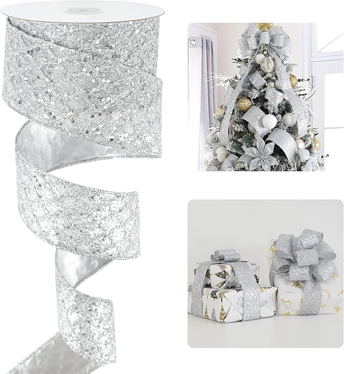 HUIHUANG Silver Glitter Wired Ribbon by HUIHUANG