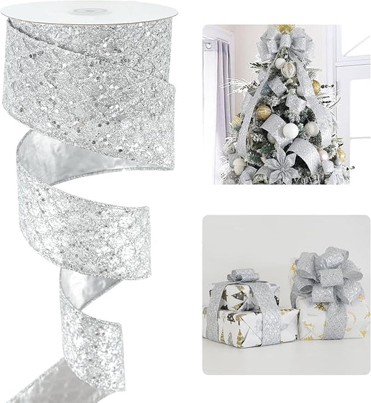 HUIHUANG Silver Glitter Wired Ribbon by HUIHUANG
