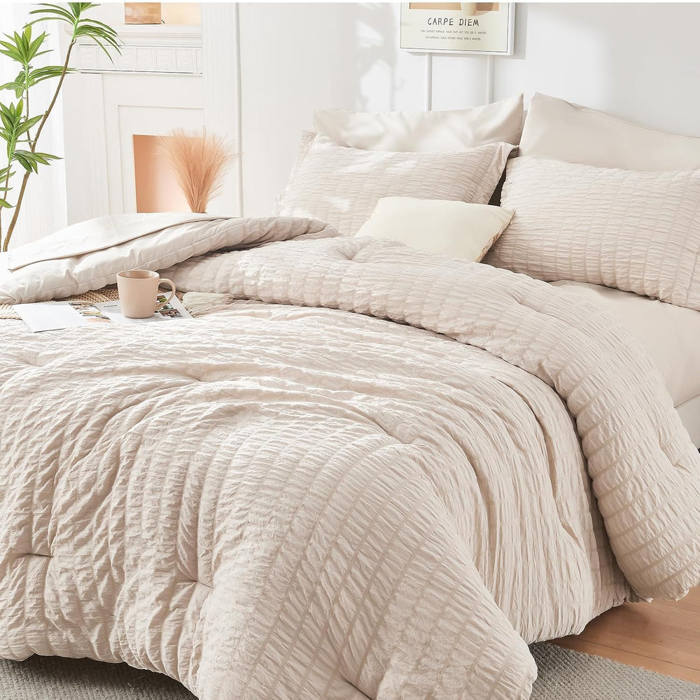 Full Comforter Set - 7PCS Bed in a Bag, Seersucker Bedding Set, Beige
