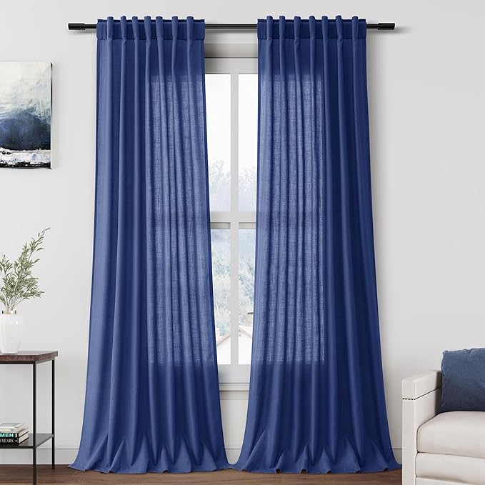 Classic Blue Linen Curtains 90 Inch Long 2 Panels Set by Nanspring