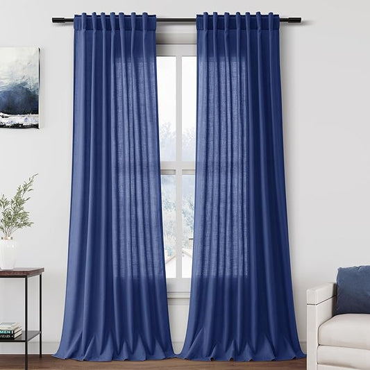 Linen Curtains Semi Sheer Classic Blue 96 Inches Long 2 Panels Set by Nanspring