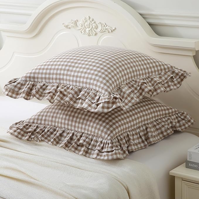 Aryeleay 2 Pack Taupe White Plaid Ruffle Throw Pillow Covers, 100% Cotton - Image 2