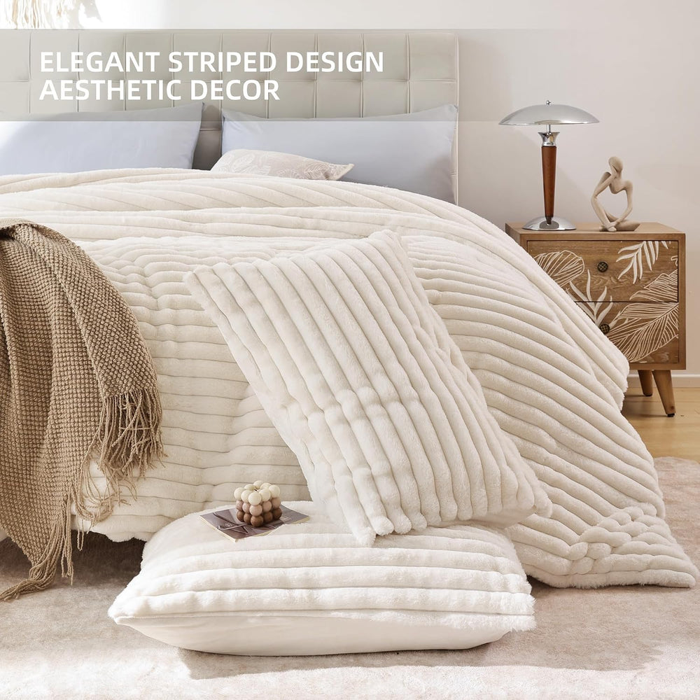 Fluffy Full Size Comforter 3 PCS - Cream White Fleece Bedding Set