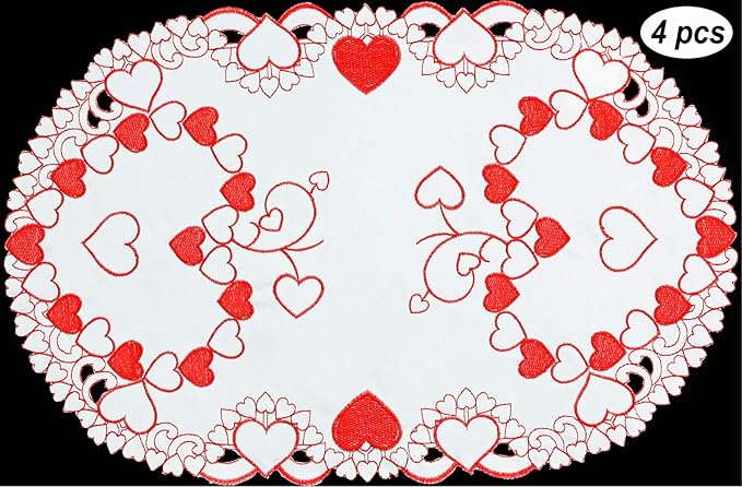 Creative Linens Embroidered Red Hearts Placemats, Table Runners, Tablecloths - Image 2