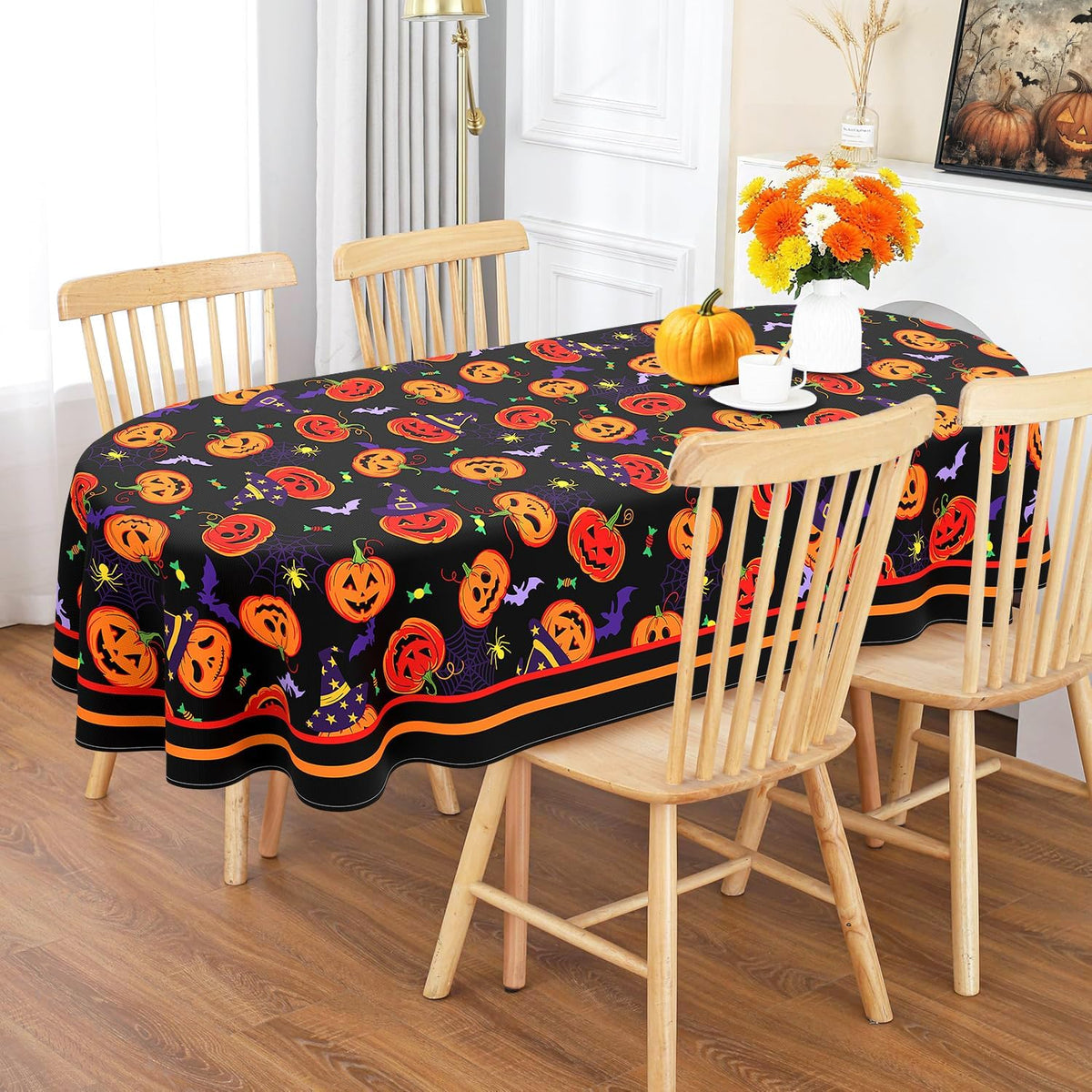 Halloween Oval Tablecloth 60x120 Inch Waterproof Bat Pumpkin Tablecloth Halloween Washable Table Cloth for Party Picnic Dinner Scary Home Decor
