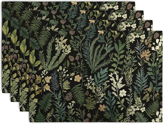 Black Sage Green Plant Placemats Set of 4 Vintage Botanic Fern Leaves Herb by Wnoesat