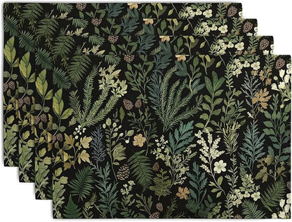 Black Sage Green Plant Placemats Set of 4 Vintage Botanic Fern Leaves Herb by Wnoesat