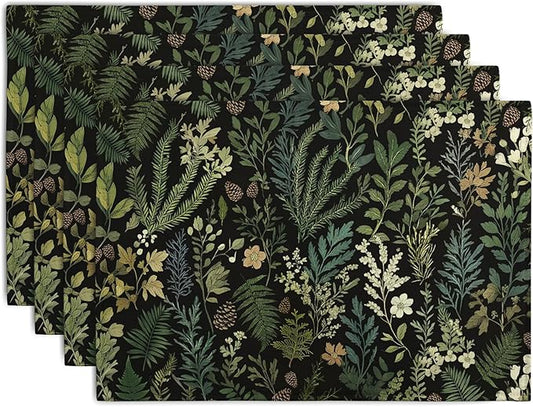 Black Sage Green Plant Placemats Set of 4 Vintage Botanic Fern Leaves Herb by Wnoesat