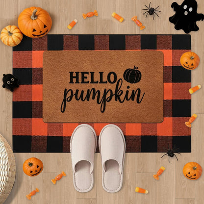 2 Pack Fall Halloween Door Mat Set, Pumpkin Coir & Plaid for Thanksgiving
