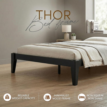thor japanese joinery bed frame queen, solid wood showing dimensions