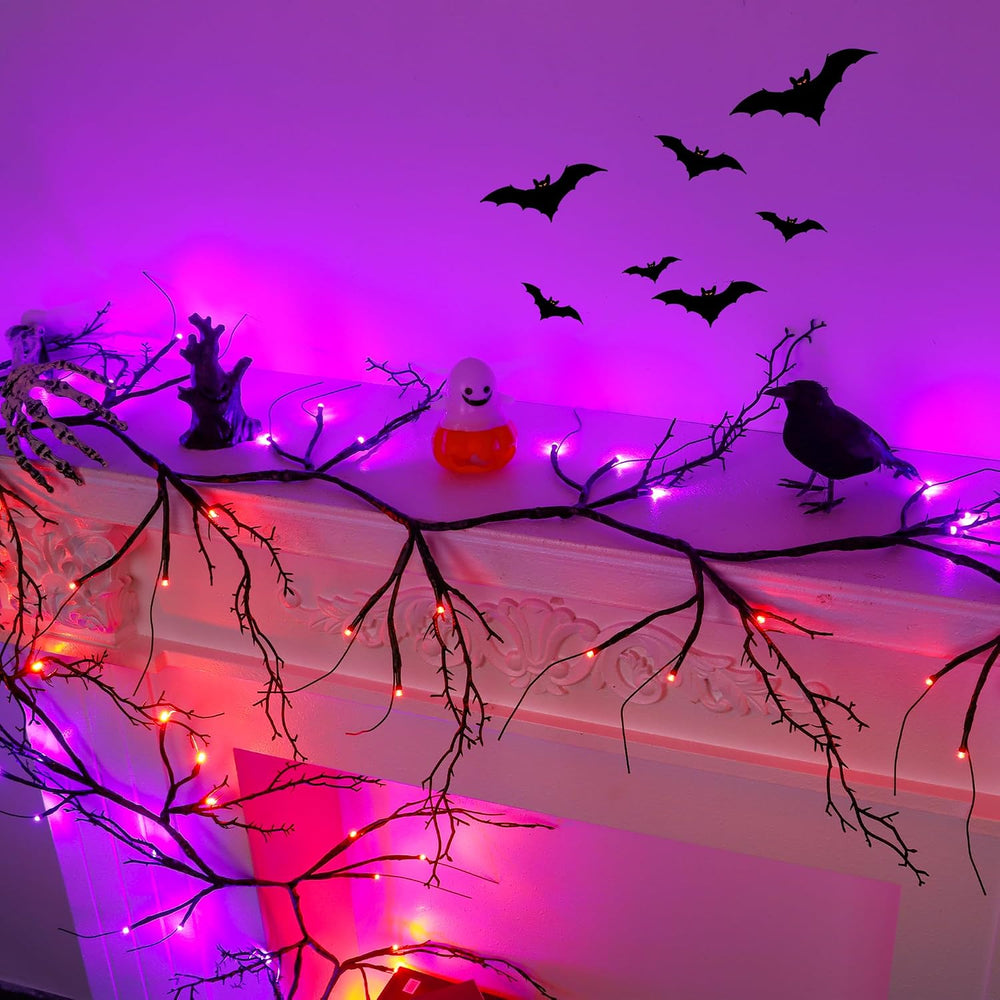 9 FT Halloween Lighted Twig Garland Decorations, 72 LED Orange Purple Lights ...
