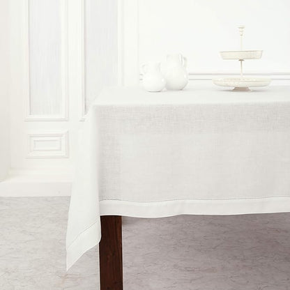 Solino Home Linen Tablecloth 60 x 108 Inch - Classic Hemstitch 100% Pure Linen White Table Cloth for Rectangle Tables - Machine Washable Tablecloth for Fall, Autumn, Halloween, Thanksgiving, Holiday