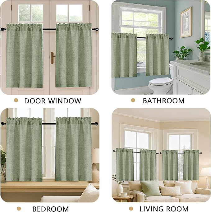 OVZME 2 Panels Green Cafe Curtains 36 Inch Length, Thick Textured Small Kitchen - Image 5