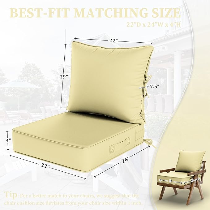 Outdoor Seat Cushion Set 22 L × 24 W × 5 H Inch Waterproof & Fade Resistant - Image 2