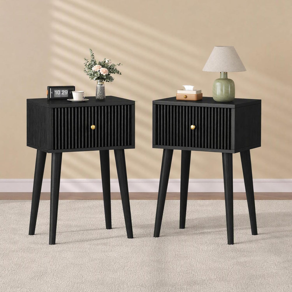 Akxomel Small Nightstand Set 2 Fluted Wooden Nightstands Wood Legs Black