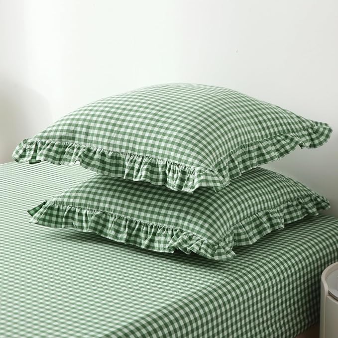 2 Pack Christmas Green White Plaid Ruffle Gingham Euro Pillow Shams, 100% - Image 3