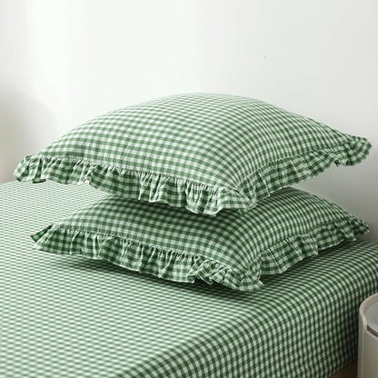 2 Pack Christmas Green White Plaid Ruffle Gingham Euro Pillow Shams, 100% - Image 3